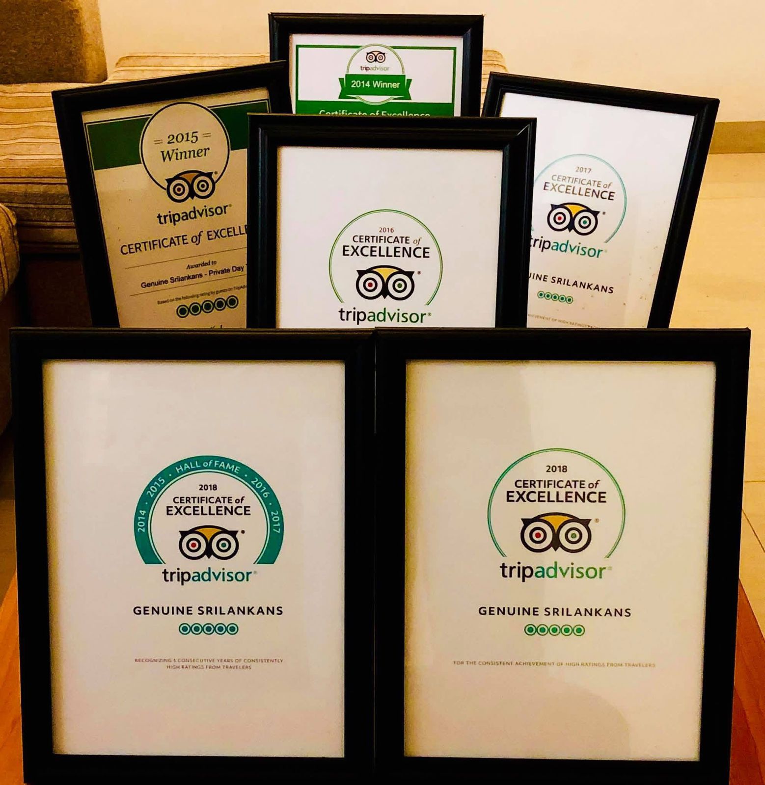 Certificats d'excellence Tripadvisor de Genuine Sri Lankans, de 2014 à 2018, encadrés au bureau de Colombo